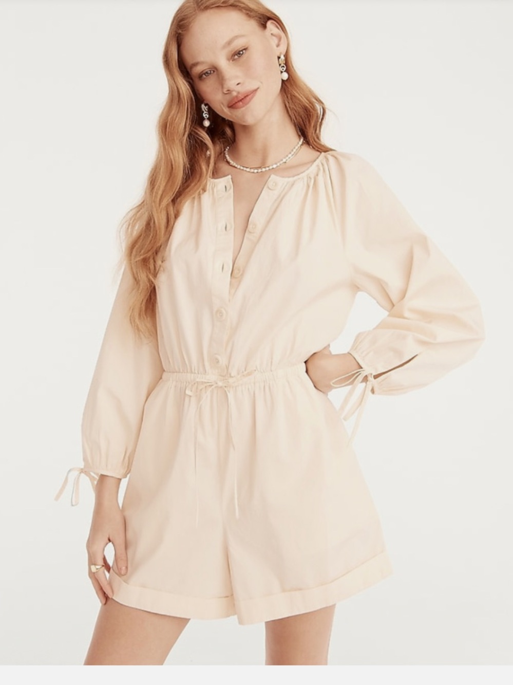 J. Crew Cotton Poplin Tie-Sleeve Button-Front Romper- Palest Peach
